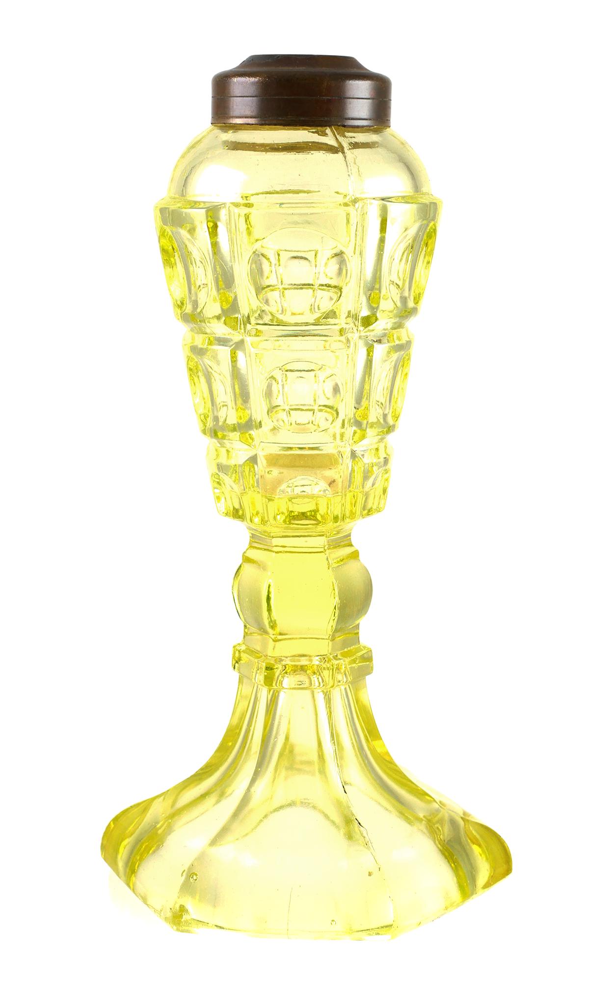 Flint Glass Whale Oil Lamp, Vasoline, Early 20th C: Early 20th century flint glass whale oil lamp in green vaseline or uranium glass. Brass rim at top. Excellent condition with some flea bites at edges and some shelf rubbing under base. No chips, crack