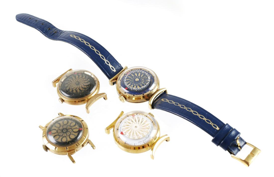 4 ERNEST BOREL Mystery Dial Watches: Four vintage Borel mystery dial or kaleidoscope cocktail watches, each one in good, working condition. Each one has 17j movement, all original. (Three need new straps or bracelets.) Each watch case is
