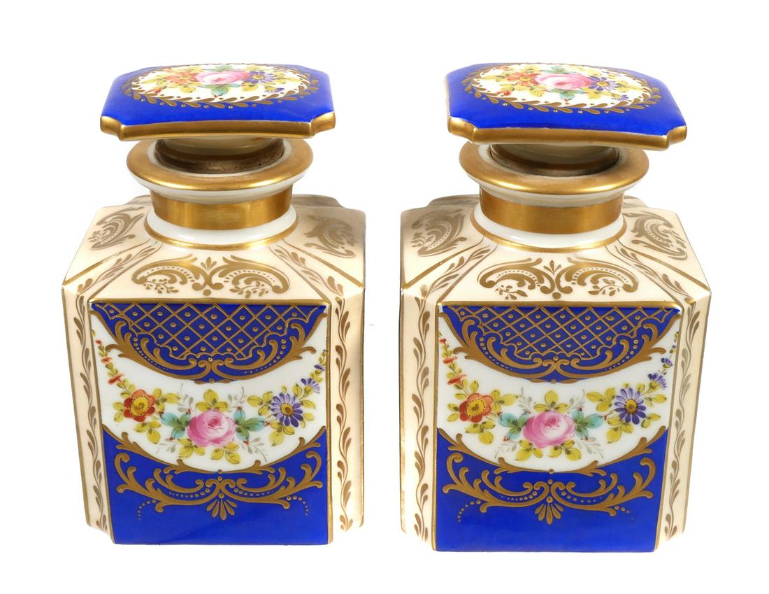 French Porcelain Perfumes, Pair, Signed: Marked JP on bottoms. Measure about 5" high. Old Paris style hand painted cologne or perfume bottles. Maker unknown. Possibly Jacob Petit. Excellent condition with no chips cracks or damage. Each meas