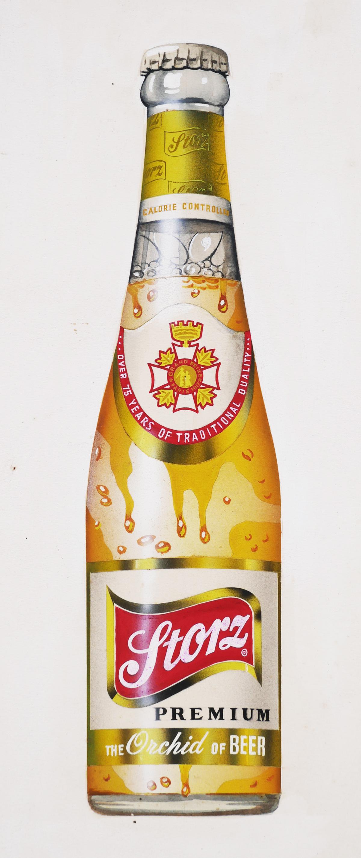 Original Advertising Art, Storz Beer Bottle: Original realist watercolor on board of a Storz Brewing Company beer bottle. Production work for an ad, circa 1960s. An Omaha, Nebraska brewery. Great piece of breweriana and perfect for a bar wall. S