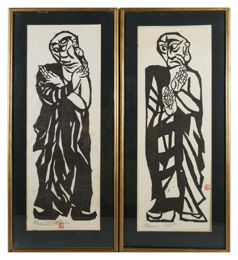 (2) SHIKO MUNAKATA, Ten Disciples of Buddha: Two lithographs after woodblock prints by Shiko Munakata, published by Yaskawa. Each signed in the plate. Circa 1970s. Prints in excellent visual condition. Frames show wear. Each measures 12 3/4" x 2