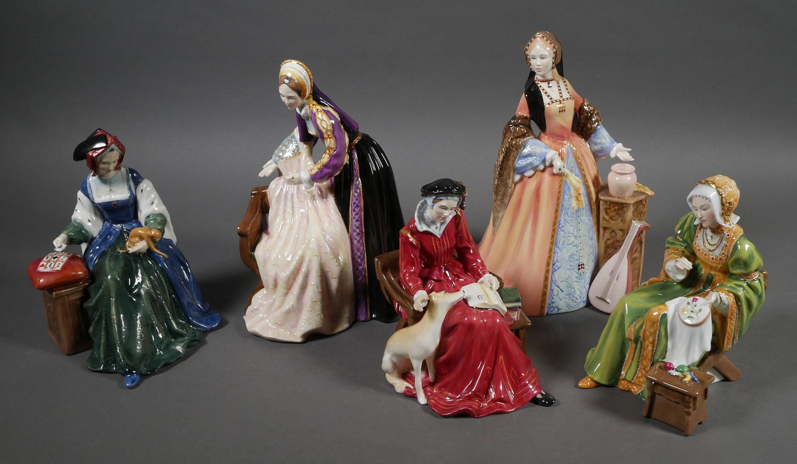 (5) Royal Doulton TUDOR ROSES Series Figurines: Collection of five Royal Doulton figures comprising: Catherine of Aragon, Catherine Parr, Anne of Cleves, Catherine Howard & Jane Seymour, all designed by Pauline Parsons and limited to 9500 figures. 