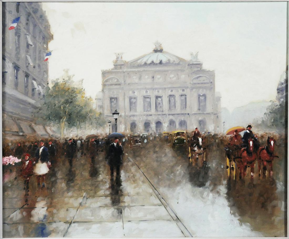 ANDRE GISSON, Oil on Canvas, Paris Street: Oil on canvas Paris street scene attributed to Andre Gisson (American, 1921-2003). Measures 25" x 30", nicely framed to 33" x 38". Excellent condition with no visible damage or repairs.