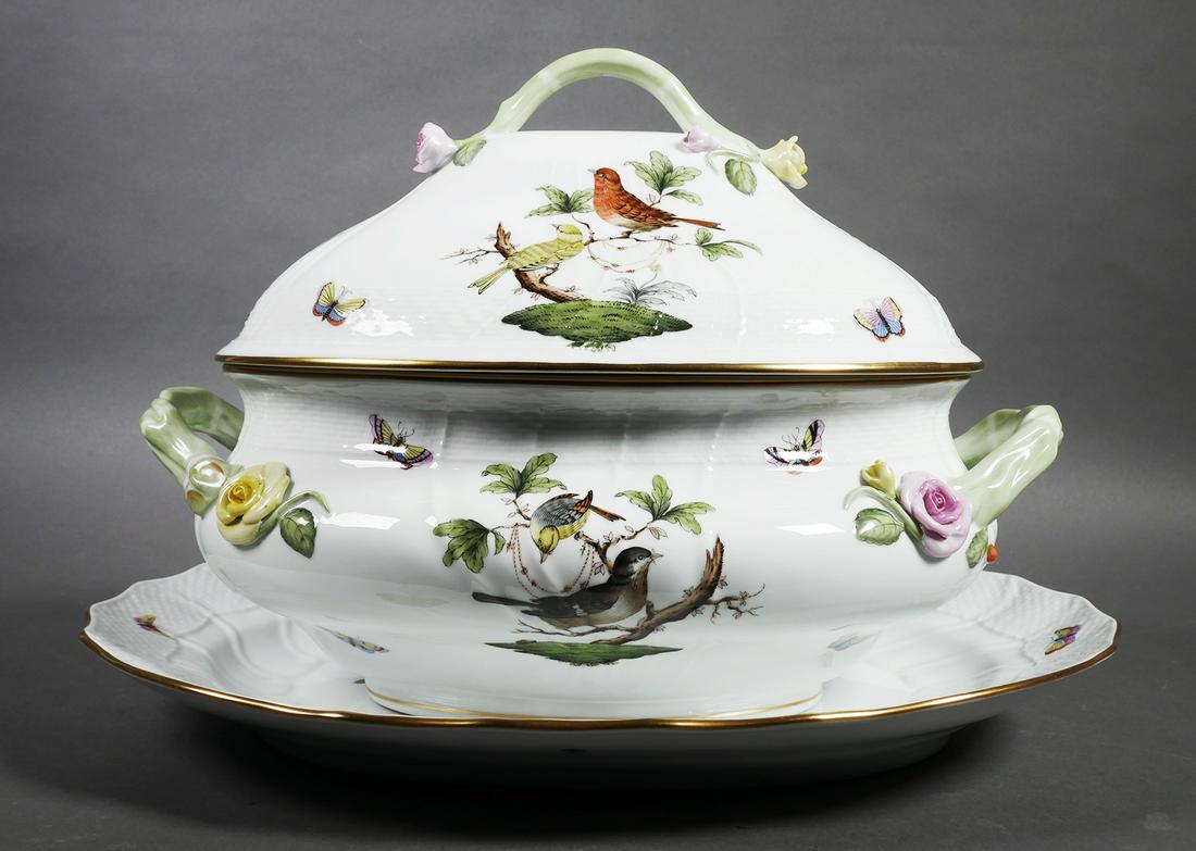 Herend Rothschild Bird Soup Tureen & Underplate: Herend Rothschild Bird fine porcelain china oval soup tureen & underplate. Excellent condition, no cracks, chips, crazing or repairs. Underplate has a few, very small wear marks / scratches almost inv