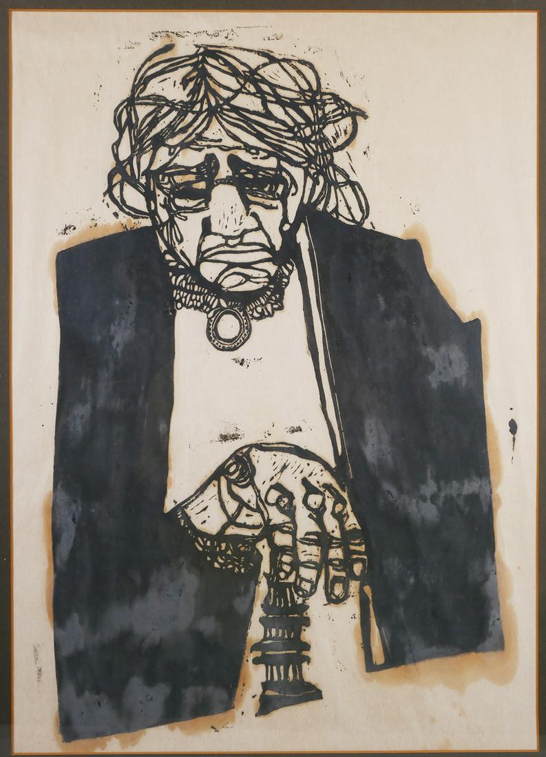 SUSAN HAUPTMAN, Relief Portrait Print: Woodblock print showing a portrait of a woman, attributed to Susan Hauptman, circa 1960s. Some toning. Sight size is 16 3/4" wide x 23 1/2" high. Framed in 23 7/8" wide x 31" high.