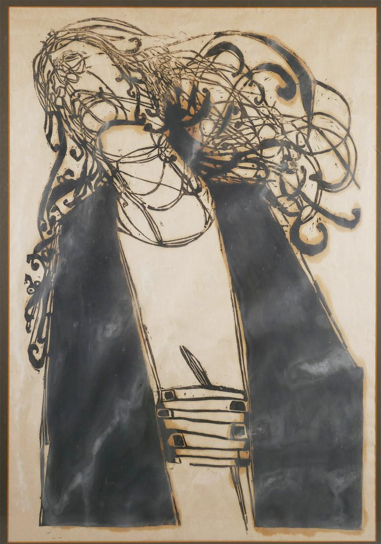 SUSAN HAUPTMAN, Relief Portrait Print: Woodblock print showing a portrait of a woman, attributed to Susan Hauptman, circa 1960s. Some toning. Sight size is 19 7/8" wide x 28 3/4" high. Framed in 26 7/8" wide x 36" high.