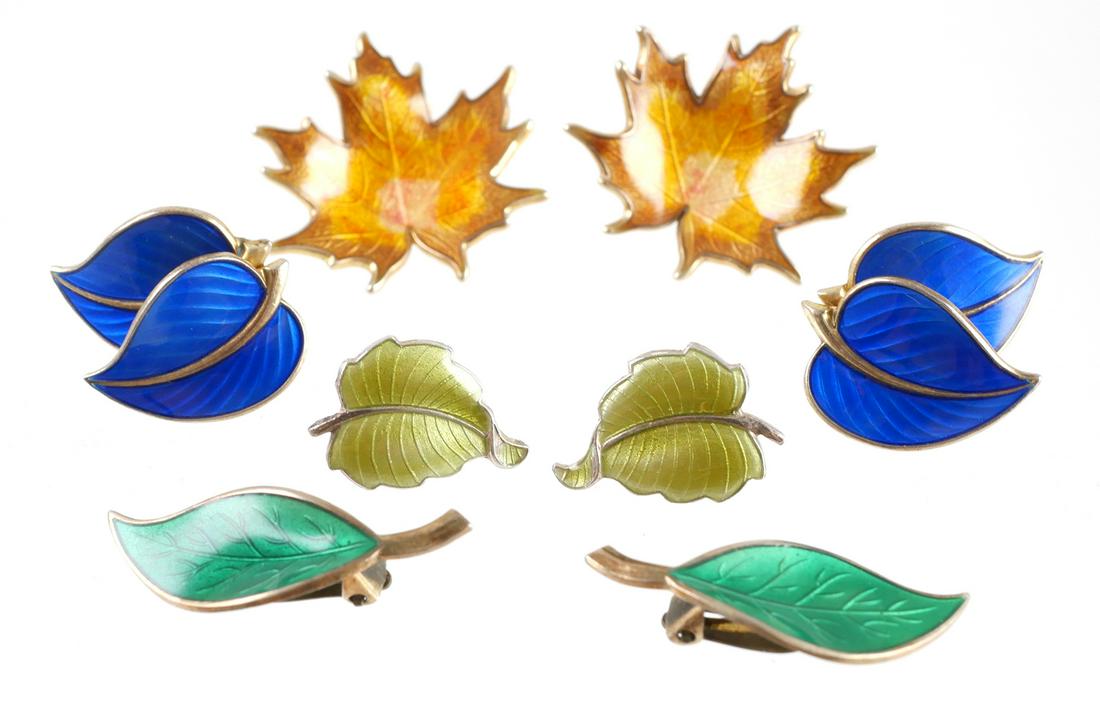 4 Pairs Scandinavian Sterling Enamel Earrings: Four pairs of sterling silver guilloche enamel Scandinavian earrings, including David Andersen, Hans Myhre, Hror Prydz and Volmer Bahner. Fine condition.