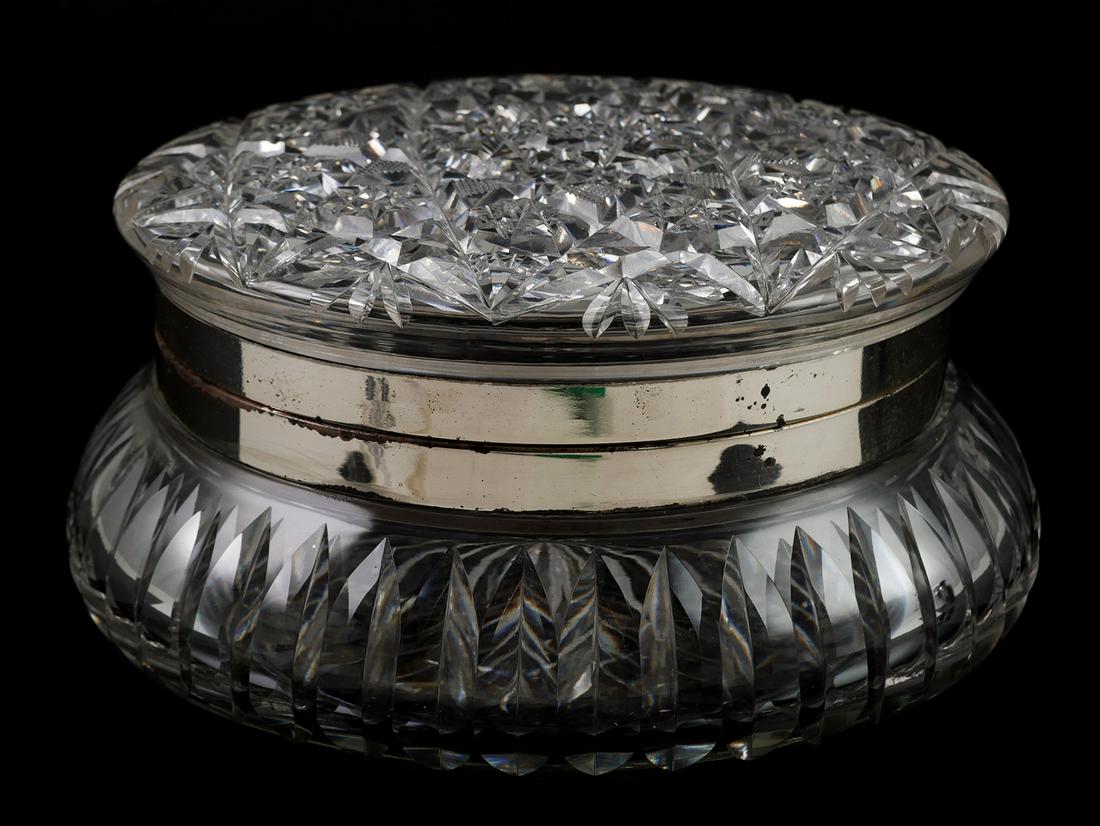 ABP Cut Glass Dresser Box, Sterling Silver Mounts: Antique dresser box, possibly for jewelry, or collars and cuffs, American Brilliant Period cut glass. Measures 8" diameter and about 4" high. No cracks or chips.