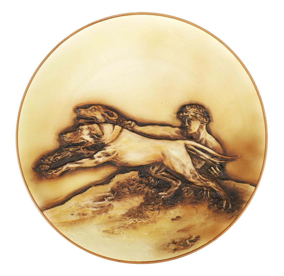 NIPPON Hand Painted APOLLO & Dogs Charger: Molded, high relief charger featuring Apollo and a pair of dogs. Hand Painted Nippon M mark under base. Excellent condition with no chips, cracks or damage. Measures 12 1/8" across.