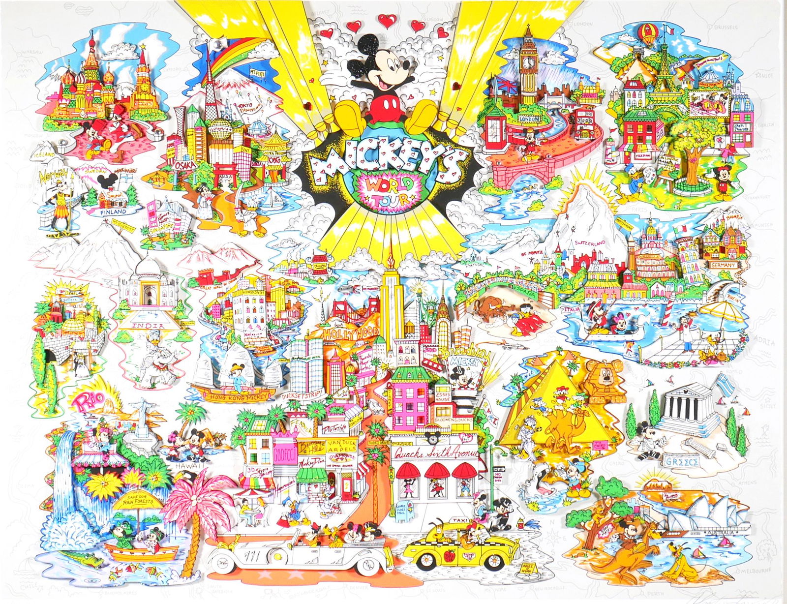 CHARLES FAZZINO, Mickey's World Tour, 3D Print: Three dimensional cut paper mixed media print titled "Mickey's World Tour" by Charles Fazzino. Image shows Walt Disney animation characters in cities all around the world. Pencil signed at lower right