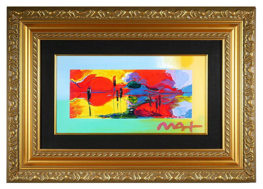 PETER MAX, Summer/Autumn, Mixed Media: Mixed media over-painted serigraph titled Summer/Autumn, from the four seasons series by Peter Max (American, b. 1937). Original gallery paperwork included. Signed in paint at lower right. Image size