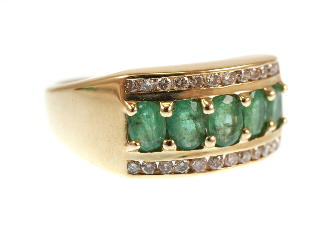 14K Yellow Gold EMERALD & DIAMOND Ring: 14K yellow gold ring contains 5 oval faceted emeralds. WEIGHT: .50 Ct. Approx. Rated SI in clarity (Type III), G in Hue, 4 in Tone and 2-3 in Saturation. 24 round brilliant cut diamonds. WEIGHT: .25 C