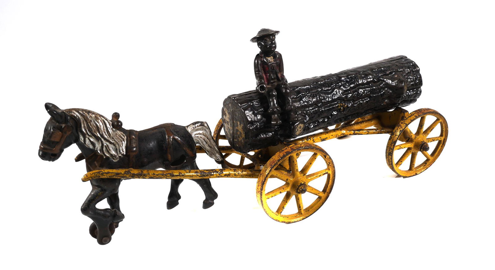 KENTON Cast Iron Horse Drawn Log Wagon: Black Americana Kenton cast iron horse drawn log wagon with driver. Toy is 14 1/2" long. Typical paint loss & wear. Blackwell Auctions guarantees the authenticity of this item. PLEASE call or email wi