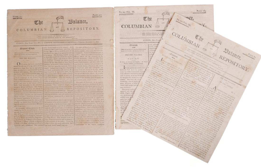 BALANCE and COLUMBIAN REPOSITORY, (3) Issues, 1804: Early American newspaper, circa 1802 and 1804, featuring stories and editorial opinions concerning Aaron Burr, early advertising and discussion of George Washington's birthday, as well as at least one