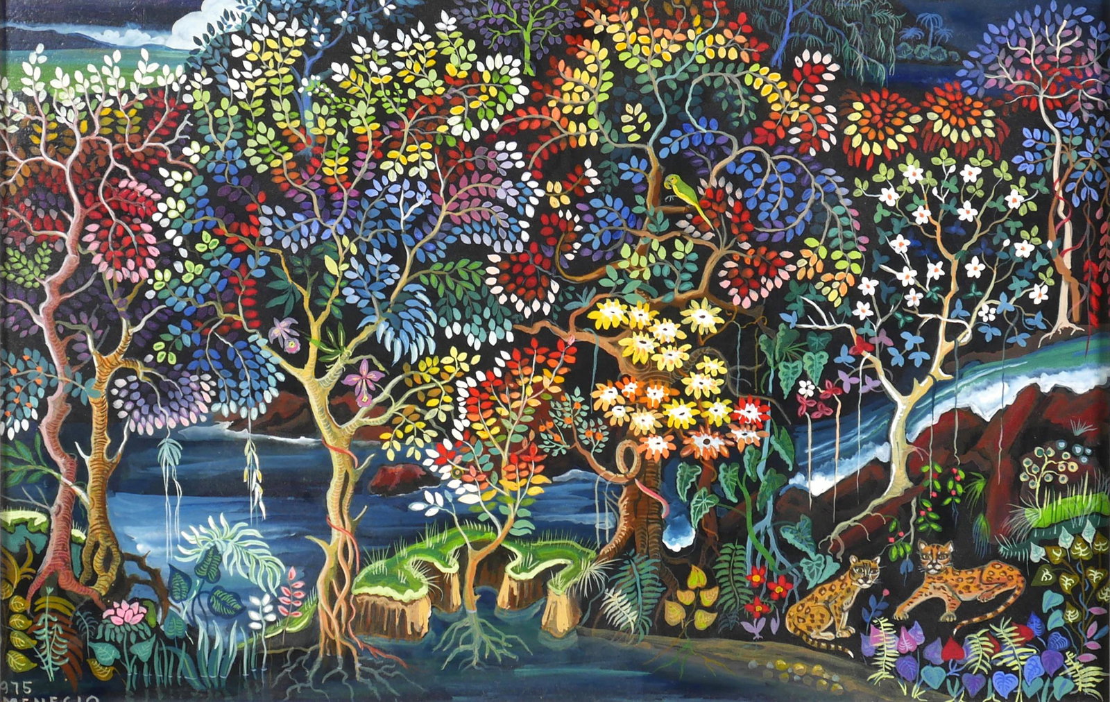 MENECIO, Primitive Jungle Scene, Oil on Board: Colorful Primitive style oil painting of two jaguars in a jungle scene. Signed "Menecio" and dated 1975. Excellent condition. Minor wear to framing. Board measures 16" x 11 3/4".