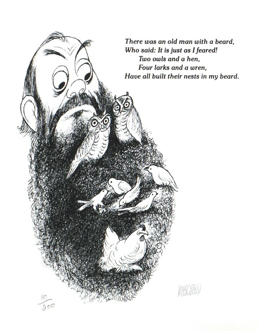 AL HIRSCHFELD, Edward Lear Limerick, Signed: Lithograph of Edward Lear with an accompanying limerick. Artwork by legendary illustrator Al Hirschfeld, (American, 1903-2003). Pencil signed and limited (10/200) in the lower corners. Excellent condi