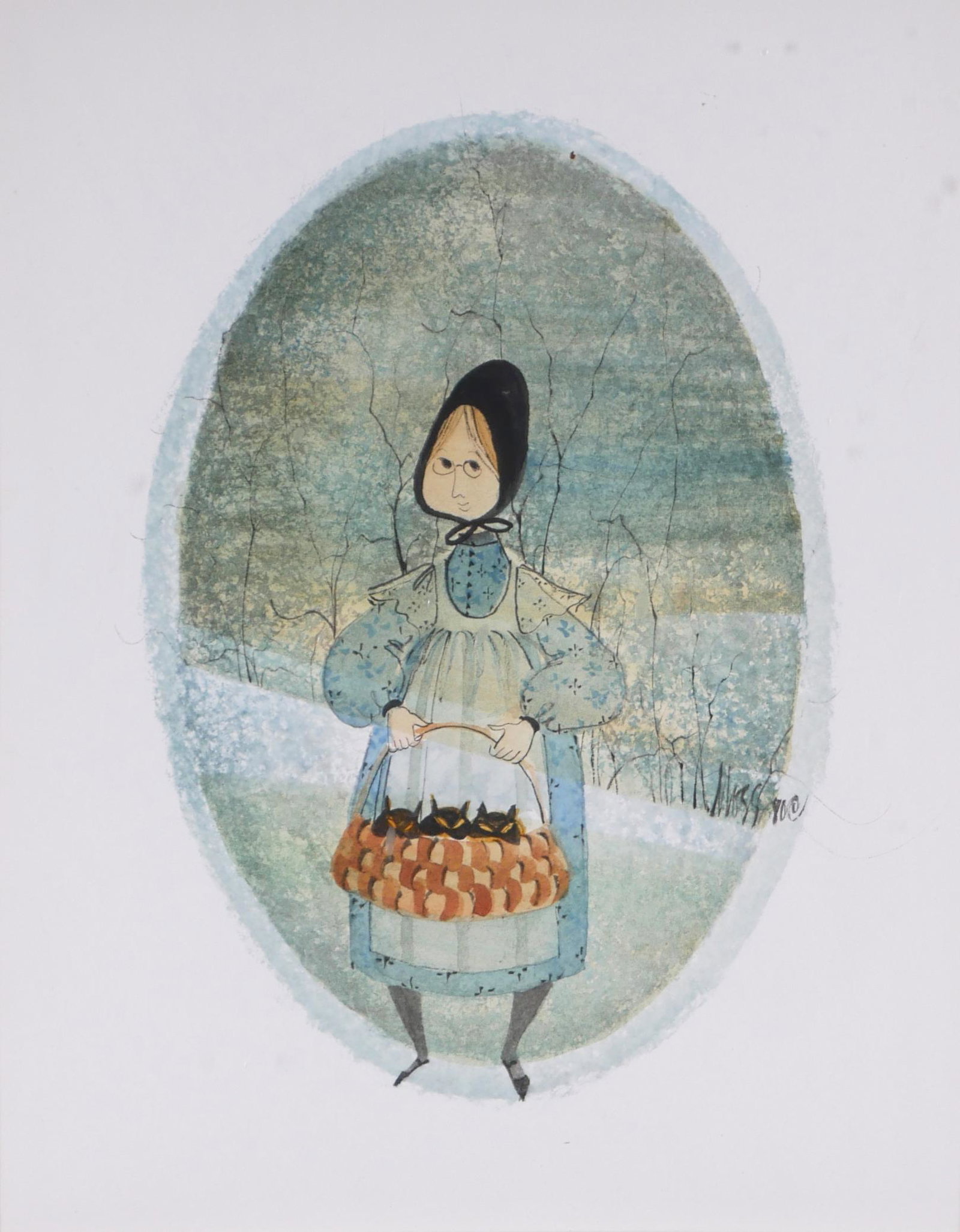 P. Buckley Moss, Amish Woman w Cats, W/C: Patricia Buckley Moss, (American, b. 1933). Amish Woman with Cats, watercolor on paper, signed right center. Sight size is 7 3/8" x 9 3/8". Framed to 16 1/4" x 20 1/2".