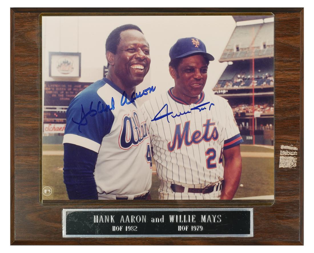 HANK AARON & WILLIE MAYS Signed Photo: Signed Hank Aaron & Willie Mays HOF 8" x 10" photograph with two photos on back of the signing along with the event ticket. Blackwell Auctions guarantees the authenticity of this item.