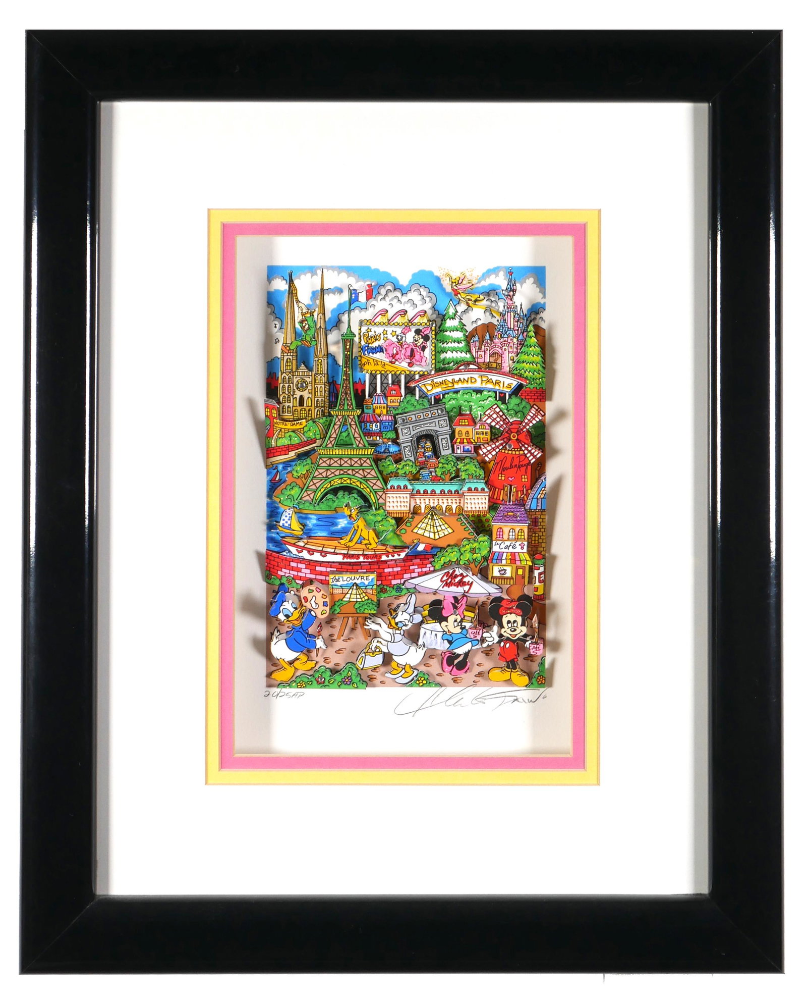 CHARLES FAZZINO, Disneyland Paris, 3D Print: Three dimensional cut paper mixed media print titled "Disneyland Paris" by Charles Fazzino. Pencil signed at lower margin and limited (20/25 AP) at lower left. Excellent condition with no damage. Mino