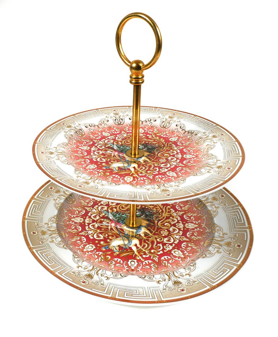 Rosenthal Versace Christmas Chariot Cake Stand: Versace Christmas Chariot 2007 Cake Stand. Excellent condition with original hardware and original box. Largest piece measures 10 1/2" across. Box measures 11 1/2" wide x 11 1/2" high.