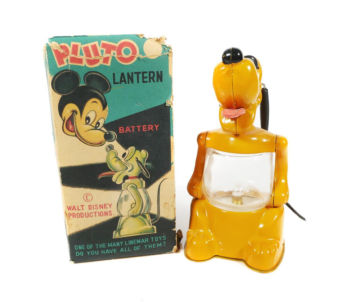 Tin LINEMAR Walt Disney Battery Op PLUTO Lantern: Tin litho Marx / Linemar Walt Disney Productions Battery Operated PLUTO Lantern. Lantern measures 6 7/8" tall. Very good condition with minimal or no paint loss. Box has tears, holes, creases & missin