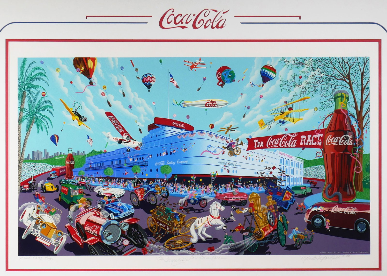 MELANIE TAYLOR KENT, Coca-Cola Race Serigraph: "The Incredible Coca-Cola Race" limited edition serigraph by Melanie Taylor Kent. Pencil signed, titled and limited (Artist Proof 47/100) in the lower margin. Excellent condition, well framed. Image s