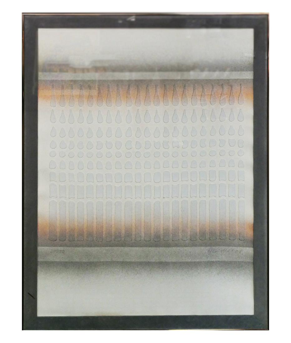 PAUL MAXWELL, Paper Stencil Abstract Print: Embellished paper stencil print by Paul Maxwell (American, 1925-2015). Signed in pencil withing the image and limited (27/100) at lower left. Excellent condition. Sight size measures 28 1/2" wide x 40