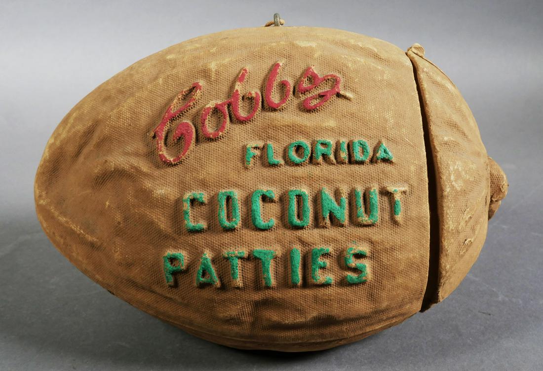 MIAMI Cobb's Coconut Patties Papier Mache Box: Cobb made superb chocolate-covered coconut patties in Miami. Even more interesting (and more collectible) is the molded papier mache box they were sold in, probably holding a pound of these delicacies