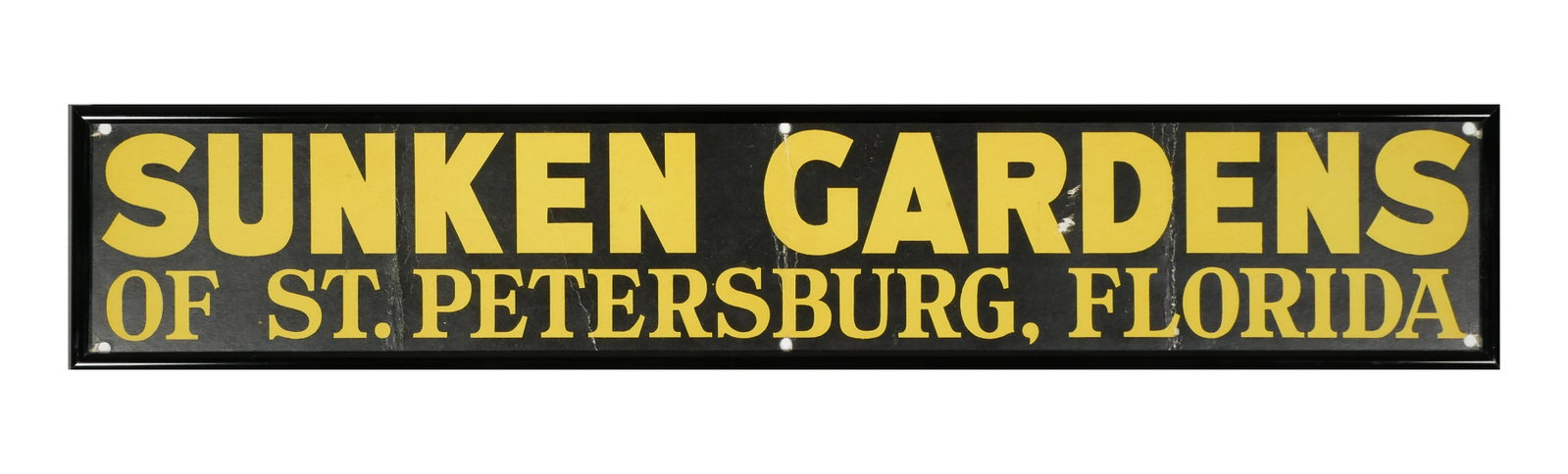 ST. PETERSBURG Vintage Sunken Gardens Sign: Vintagesign for Sunken Gardens - cardboard, in 28" x 5" modern glass frame. Great color. Has several vertical fold lines, not distracting, a few small scuffs and six mounting holes.