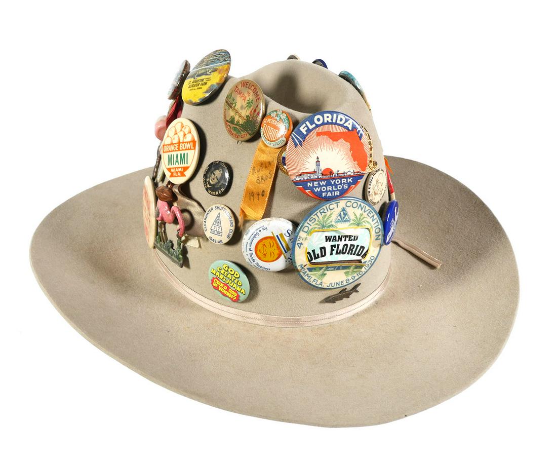 Collection of Old Florida Pinbacks on Stetson Hat: This cowboy hat, a Stetson 3x Beaver size 7-1/4, is covered with an eclectic collection of around 40 various sized pinbacks of all types,ages and sizes. There are political, organizations, sports, con