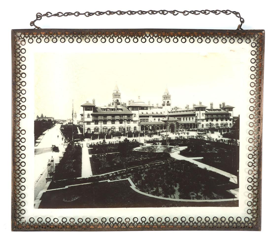 GEORGE BARKER, Ponce de Leon Hotel Photograph: Late 1800s photographic glass transparency, photo in the manner of George Barker (unsigned), of the Hotel Ponce de Leon in St. Augustine. Measures about 8" x 10" in metal openwork frame.
