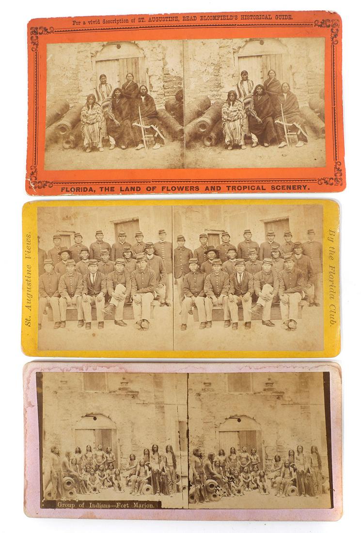 Native American Stereoviews (3): Three b/w photo stereoviews of a group of Native Americans from several tribes that were transferred from Fort Sill to Fort Marion (St. Augustine) because of their "turbulent disposition." A long capt