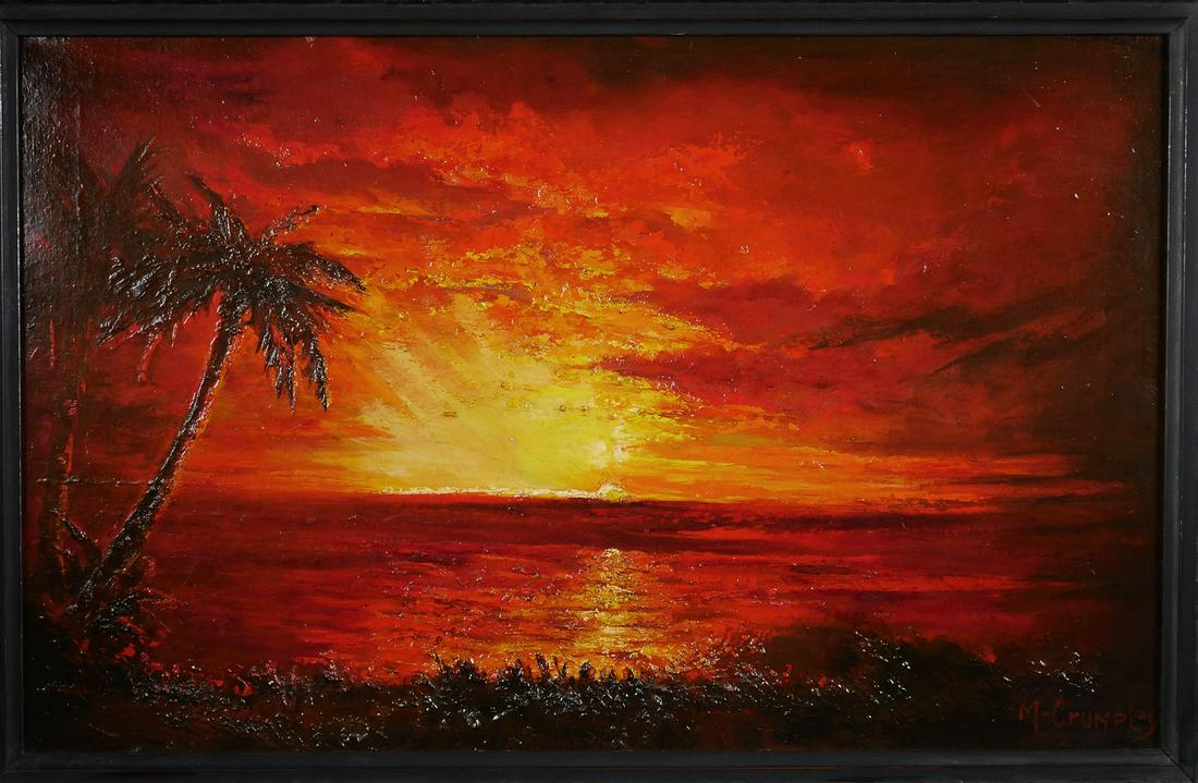 M. CRUMPLEY, Ortega River Sunset, Oil: Oil on canvas painting of a bright red Jacksonville, Florida sunset, signed "M. Crumpley" at the lower right. Signed verso and titled "Sunset down the Ortega River from the Ortega bridge." Dated to 19