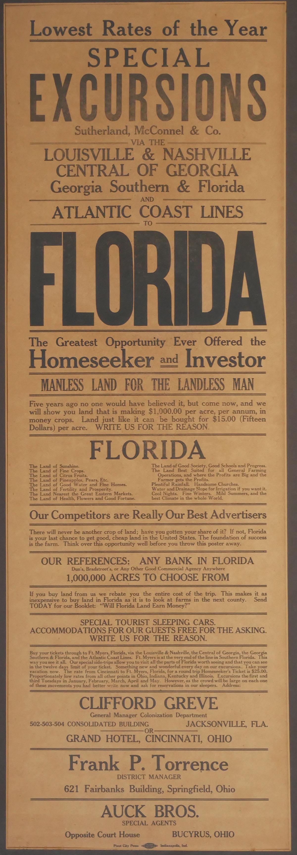 ATLANTIC COAST RAILROAD Broadside Advertisement: Broadside poster promoting Atlantic Coast Railroad excursions from Ohio to Florida. Touting the "Greatest Opportunity Ever Offered" and offering land for sale at $15 per acre. Sutherland, McConnel & C