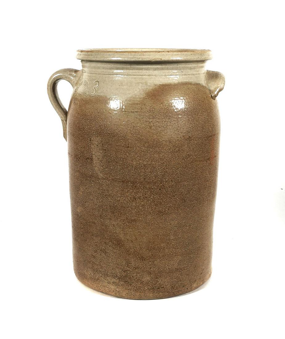 CRARY POTTERY 3 Gal Crock: Three gallon stoneware storage jar by Crary Pottery of Bluff Springs. Circa 1930s. 13-1/2" high. Lid, almost fits -- appears to be a marriage. Fine condition. From the collection of renowned Florida c