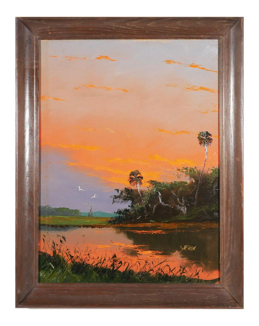 SAM NEWTON, Highwaymen Landscape Painting: Sam Newton (b. 1948) Highwaymen painting of a Florida backwoods river scene with fire sky. Signed lower right. Excellent condition. A few light indentations. Board measures 18" x 24". Framed size is 2
