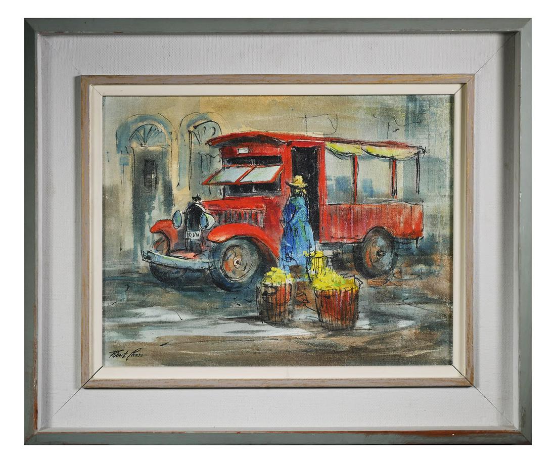 ROBERT CHASE, Oil on board, Mid-20th century: Oil on board painting by Robert Chase (American, 1919-2014) showing a red truck and a flower vendor. Chase was a well known Florida artist whose subjects included landscapes and the circus. Signed at 