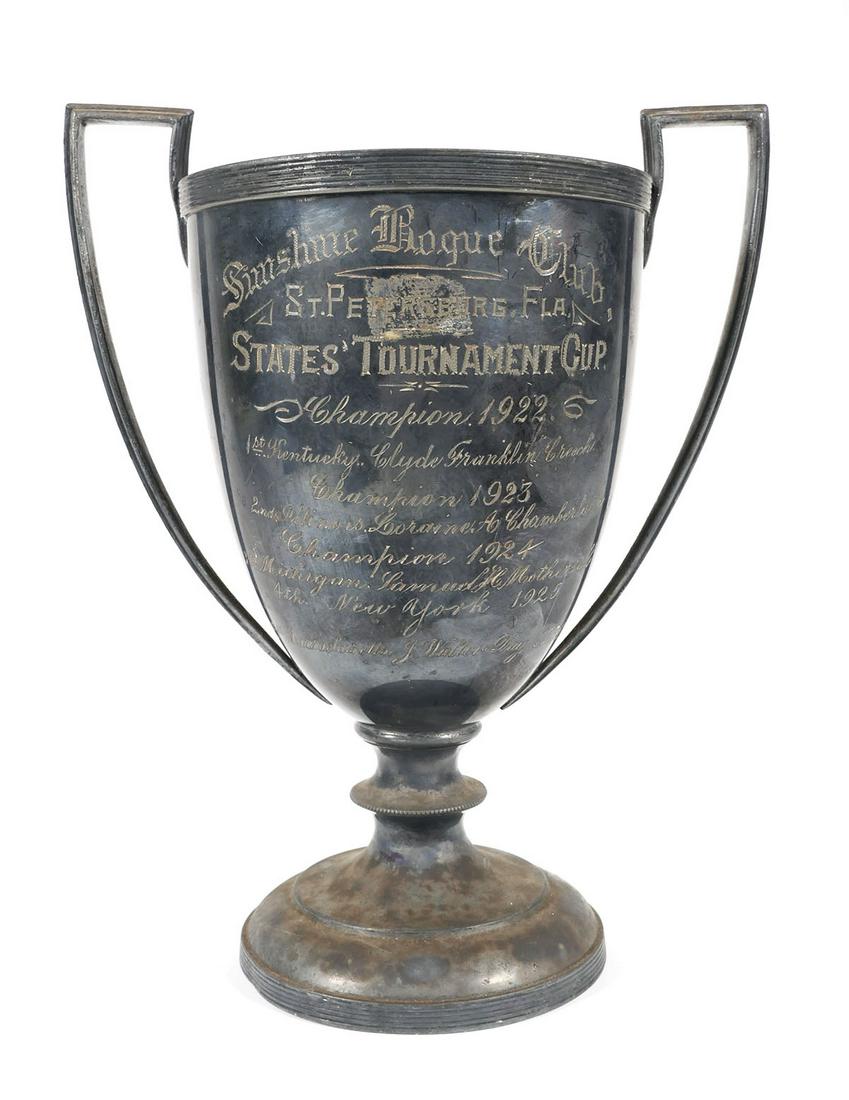 ST. PETERSBURG Rogue Club Trophy Cup 1920s: This silverplated 8.5" tall trophy shows state winner's name and state from 1922 to 1933, and a final later addition of 1956. Earlier dates are numbered in sequence with 1922 being #1, suggesting that