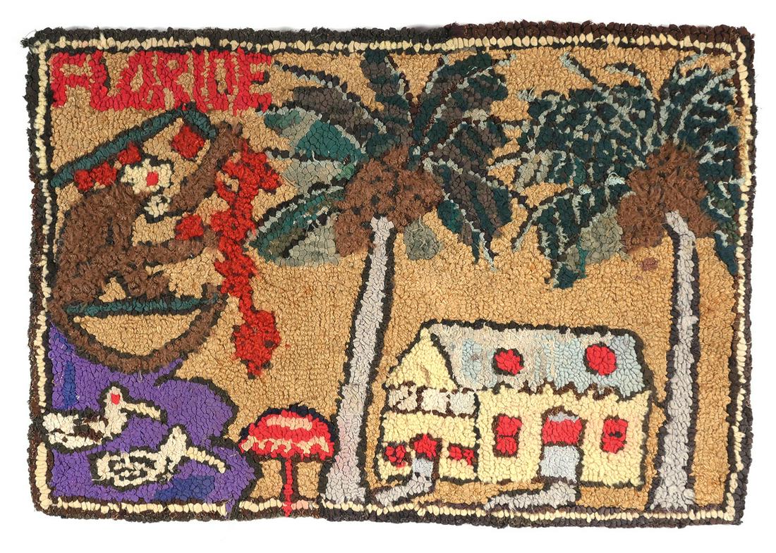 Early 20c Florida Hand Hooked Rug: Antique hand hooked yarn rug with a house, palm trees, a monkey and seagulls. Top left corner has Florida spelled "FLORIDE." Mounted as a wall hanging. Measures 21" x 14 1/2". Excellent condition with