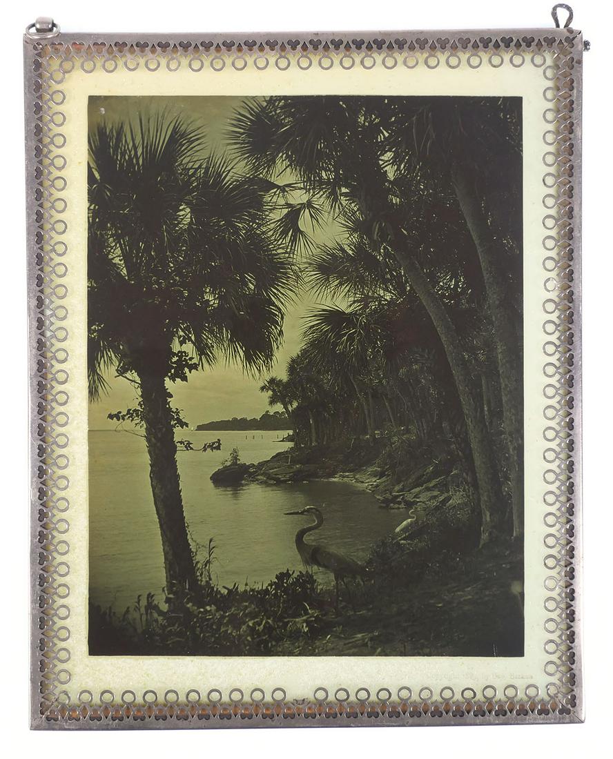 GEORGE BARKER, Photograph Transparency, Late 1800s: Photographic transparency of a Florida coastline, circa late 1800s. Marked for George Barker (American, 1844-1894) at lower right. Excellent condition framed between two pieces of glass with die cut m