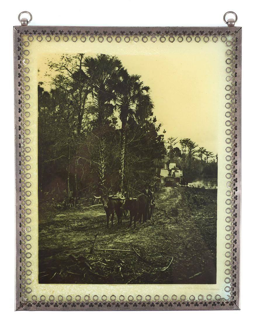 GEORGE BARKER, Photograph Transparency, Late 1800s: Photographic transparency of a team of oxen and a Florida riverboat in the distance, circa late 1800s. Marked for George Barker (American, 1844-1894) at lower right. Excellent condition framed between