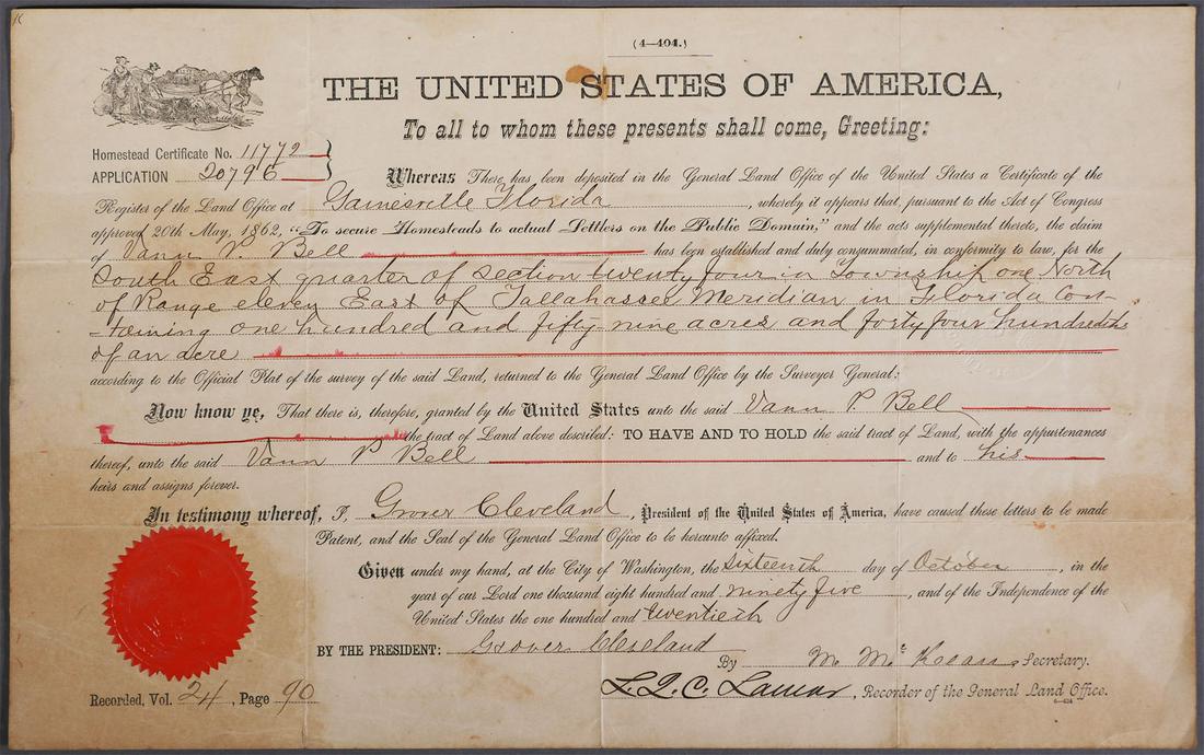 Land Grant, TALLAHASSEE 1895 Grover Cleveland: Land grant giving land to Vann Bell in Tallahassee. Folds, good condition else, with a few spots and toning. President's signature likely secretarial.