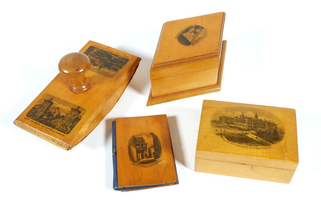 ST. AUGUSTINE Mauchline Ware Souvenirs: Antique wooden tourist souvenir items with St. Augustine depictions. (2) boxes, pull-off covers "Old Spanish Fort and Moat," "Ponce de Leon Hotel." (1) Pin holder, opens like book "Treasury Street." (