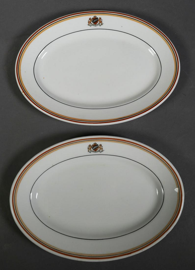 ST. PETERSBURG Soreno Hotel Plates (2): Two oval serving plates from the Soreno Hotel in St. Pete. Each measures about 10-1/4" long and is in nice used condition -- each has some minor utensil marks typical of hotel ware. Circa 1950s.