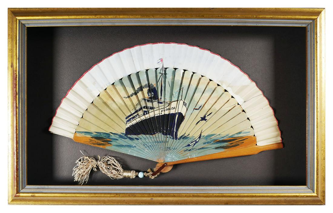 MIAMI Framed Folding Fan, painted S.S. FLORIDA: The S.S. Florida made the trip from Miami to Havana between 1934 and the demise of Cuba as a travel/casino mecca in 1959. For $24 you had two days at sea, all meals, and a tour of Havana. After 1959 i