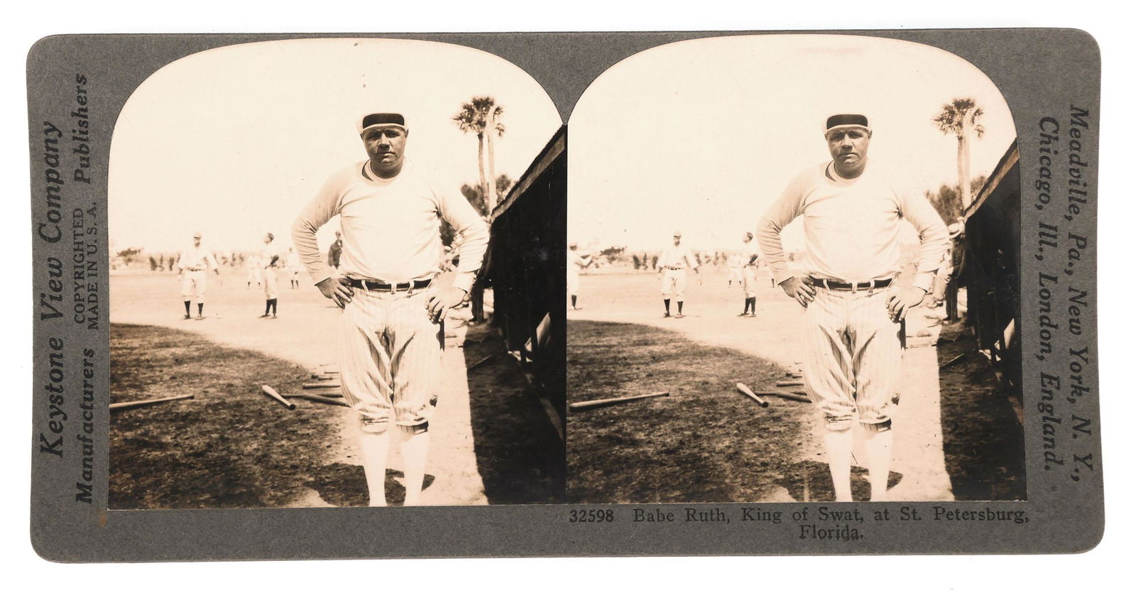 BABE RUTH in St. Petersburg, Stereoview: Well-done Keystone stereoview of the famous BABE RUTH, hands on hips, scowl on face, with other players in background. Caption "32598 Babe Ruth, King of Swat, at St. Petersburg, Florida". Actual photo