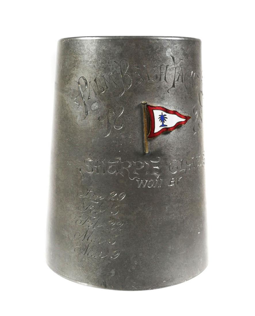 PALM BEACH Yacht Club 1898 Pewter Stein: Antique stein with glass bottom, engraved "Palm Beach Yacht Club 1898, Sharpie Class, Won by ..." and a few dates, but no victors' names. Raised enamel flag applied. Slightly out of round -- could be 