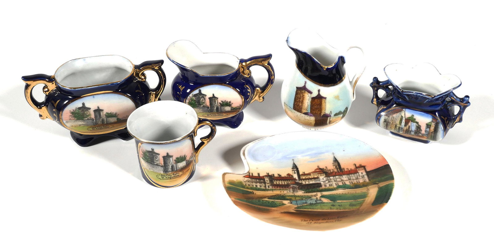 ST. AUGUSTINE, (6) Porcelain Souvenir items: Five vintage pitchers & vases, all similar style, includes (3)"Old City Gate", tallest 3"; and palette-shaped plate 5", "Ponce de Leon Hotel". No damage on any.