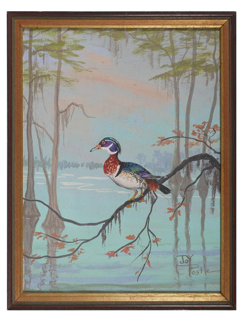 JOY POSTLE, Oil on Board Painting, Wood Duck: Painting on board by Joy Postle (American, 1896-1989). Signed recto and verso. Titled "Wood Duck" verso along with the artist's Orlando address.Very good condition with minor wear. Board measures 9" x
