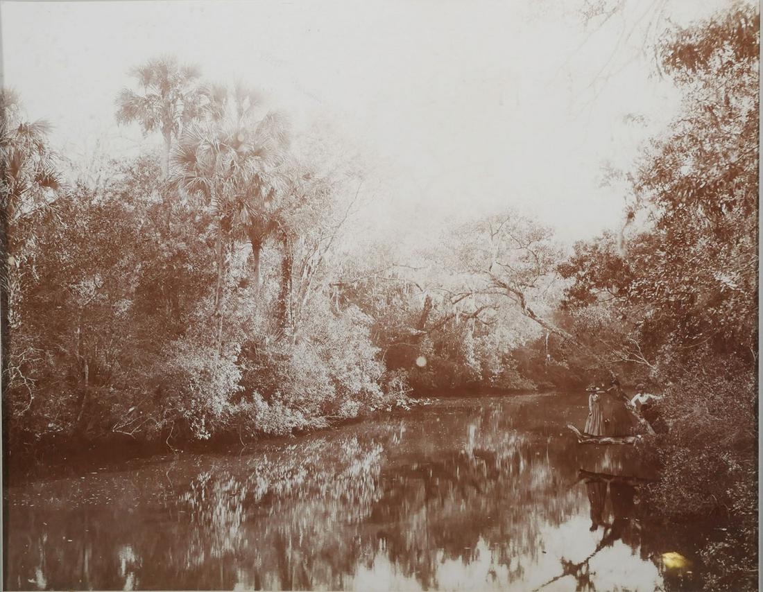WILLIAM HENRY JACKSON, Florida Riverboat Photo: Sepia tone enlargement photograph of a tour riverboat on "The Tomoka, Near Ormond Florida." Two finely dressed ladies near the front of the boat. The photo was taken by William Henry Jackson, well-kno